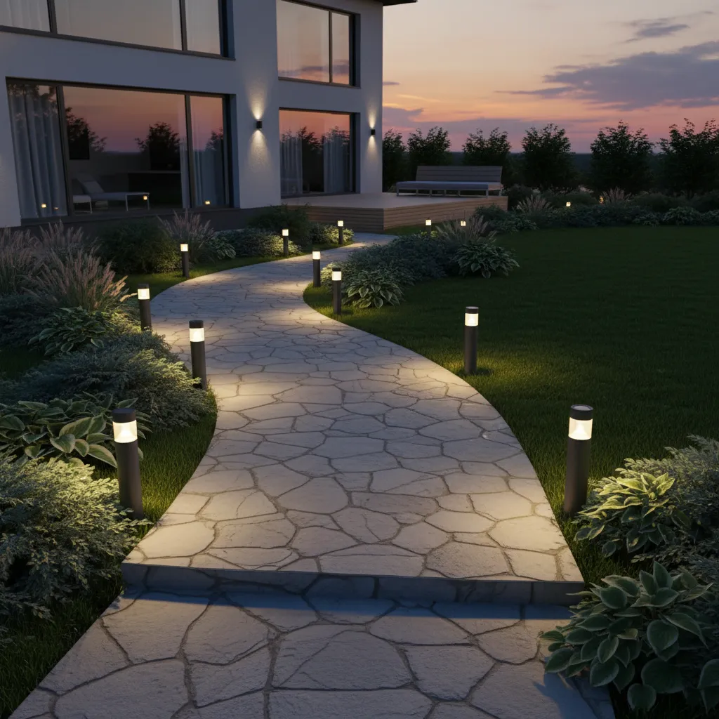 Solar powered garden path lights illuminating a landscaped walkway at sunset