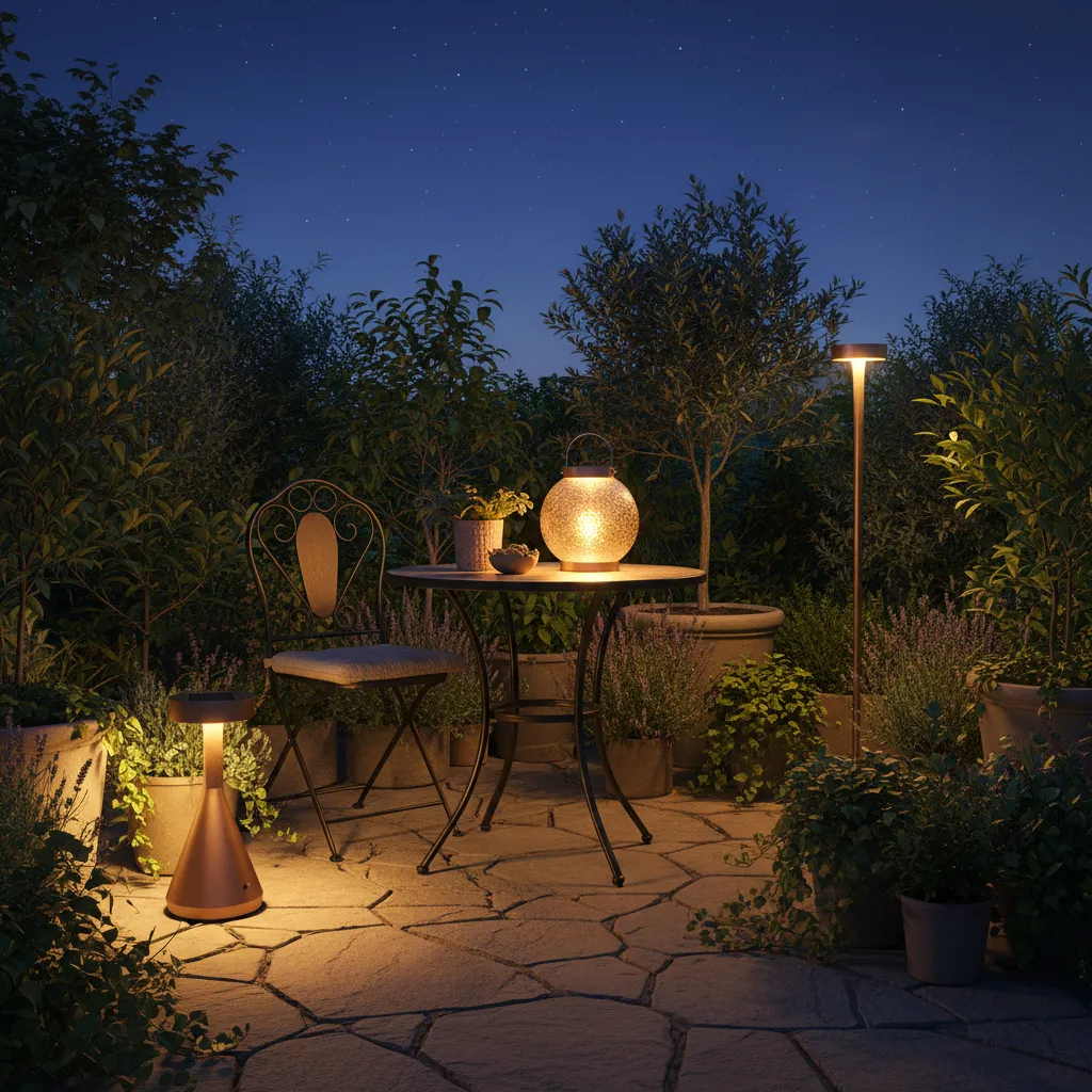 Cluster of solar lanterns placed beside seating in a small garden