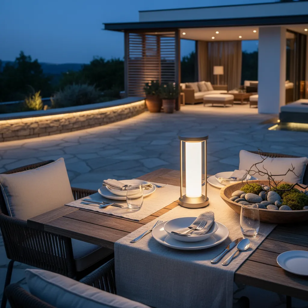 Solar lanterns and table lights illuminating an outdoor dining table