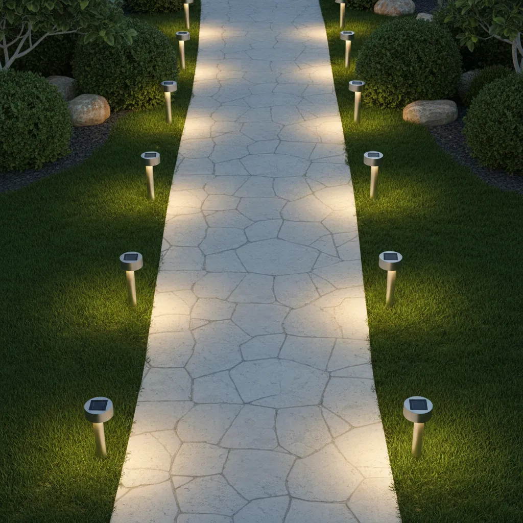 Example layout showing spacing of solar pathway lights along a walkway