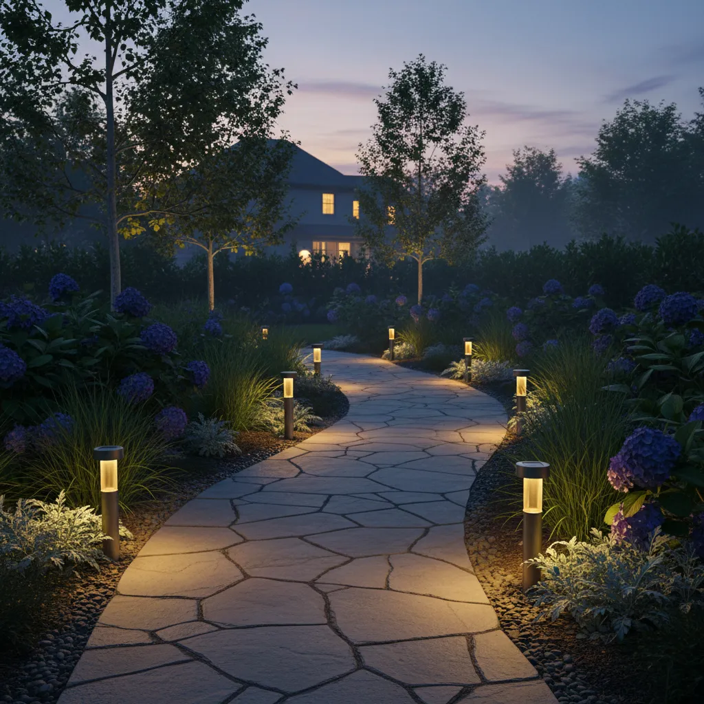 Solar pathway lights placed along a landscaped garden walkway at dusk
