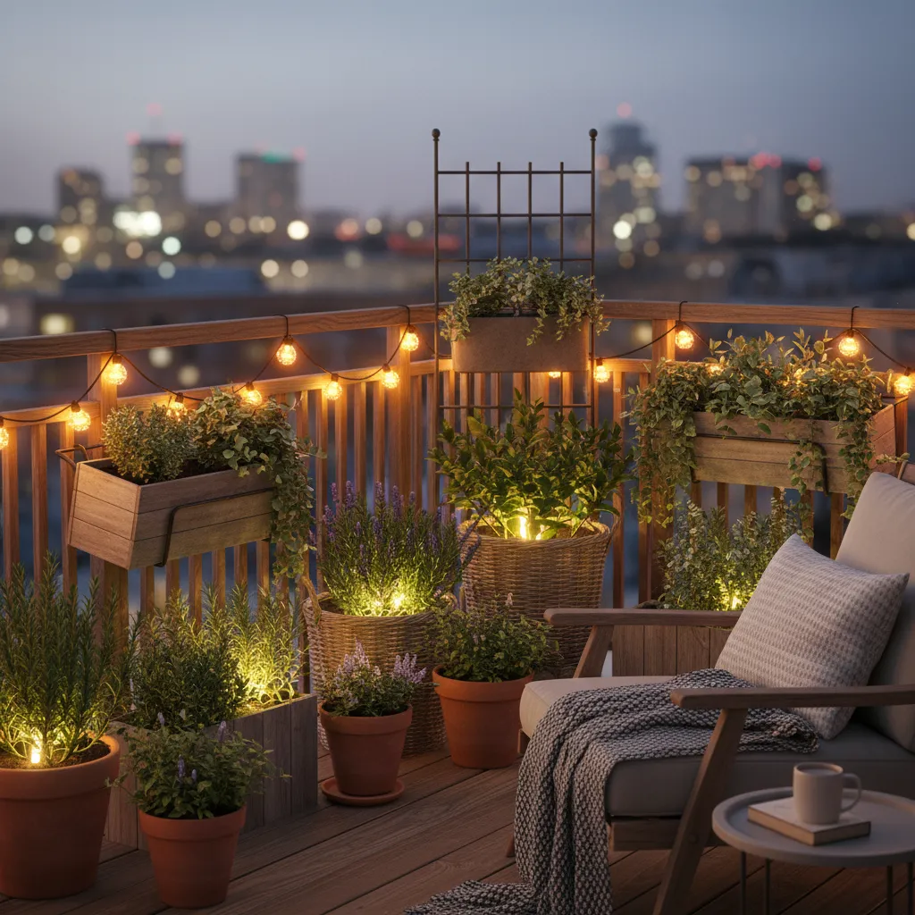 Balcony garden illuminated by warm solar string lights at night