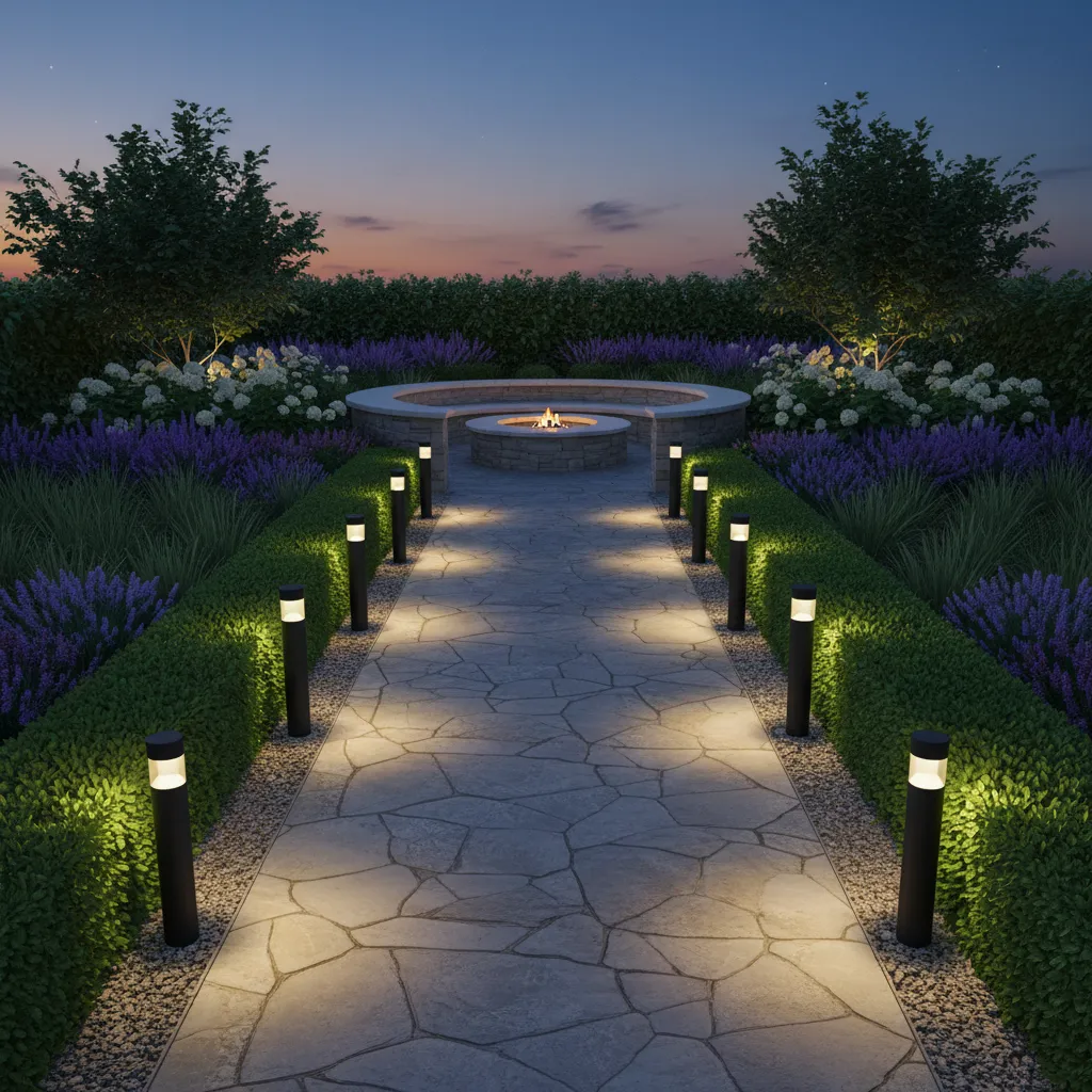 Solar path lights placed along a backyard walkway showing lighting layout