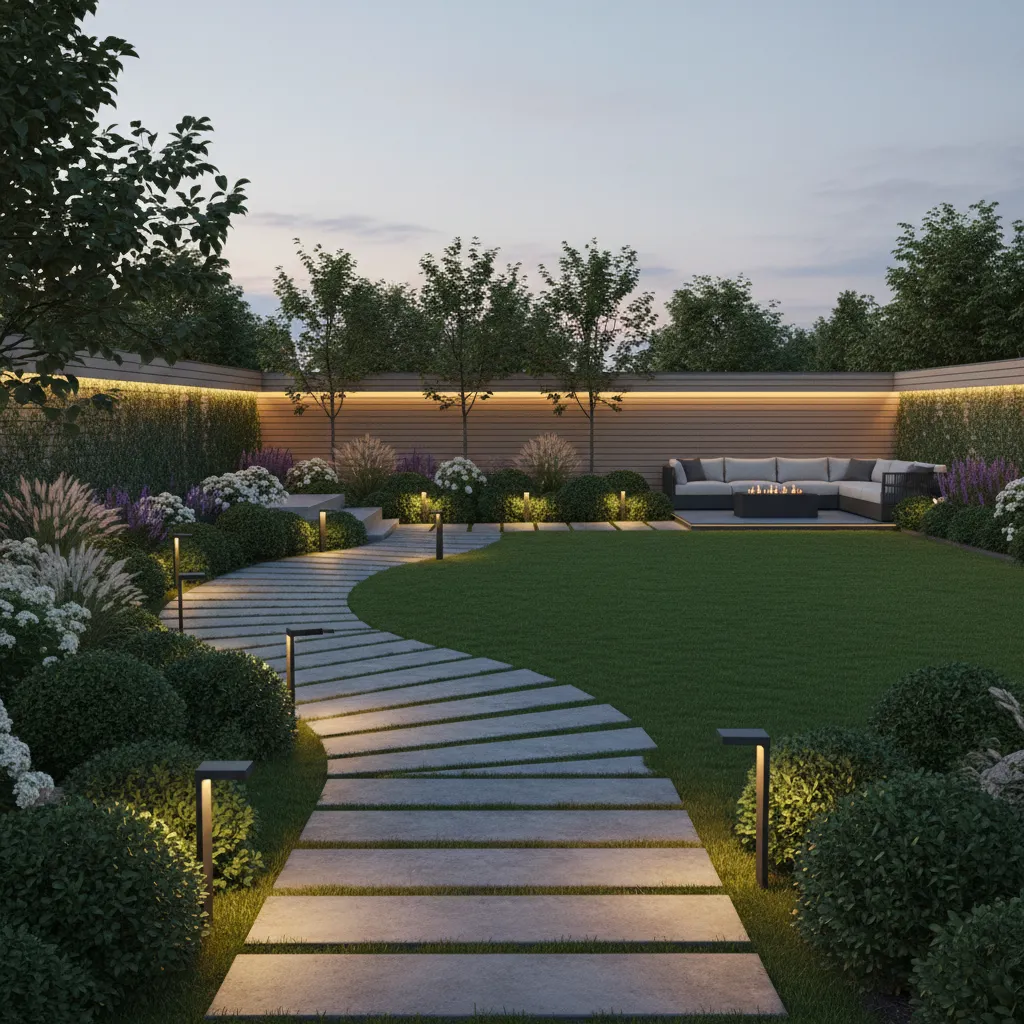 Row of solar pathway lights illuminating a landscaped garden path