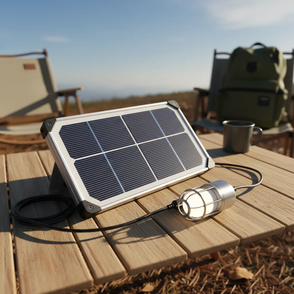 portable solar panel charging a rechargeable LED bulb outdoors