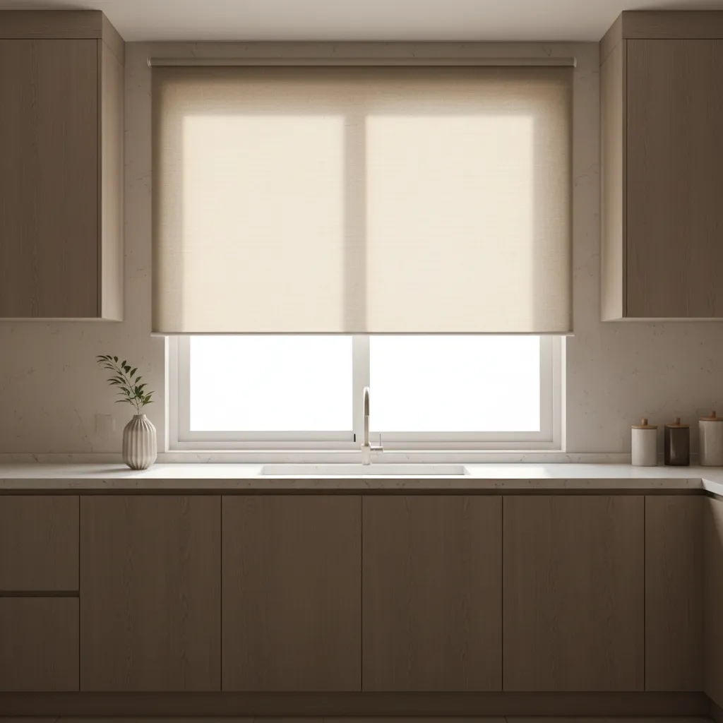 Kitchen window with solar shades diffusing morning sunlight