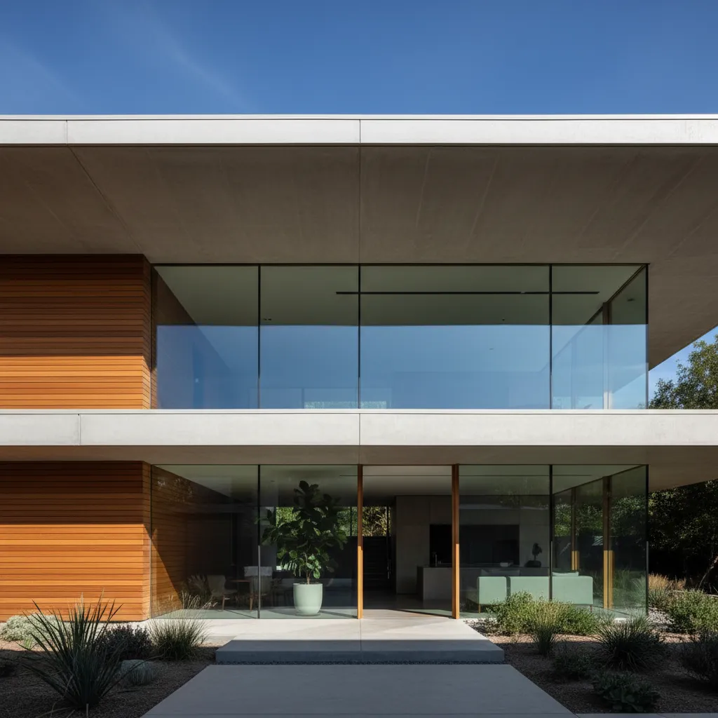 Modern two story house with flat roof large glass windows wood siding and stone walkway