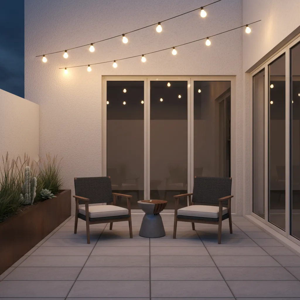 Diagonal solar string light layout over a small patio seating area