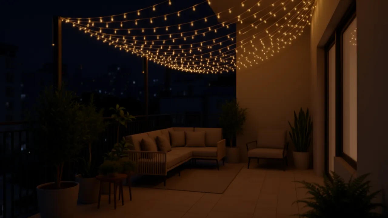 Small apartment balcony decorated with solar string lights and plants at night