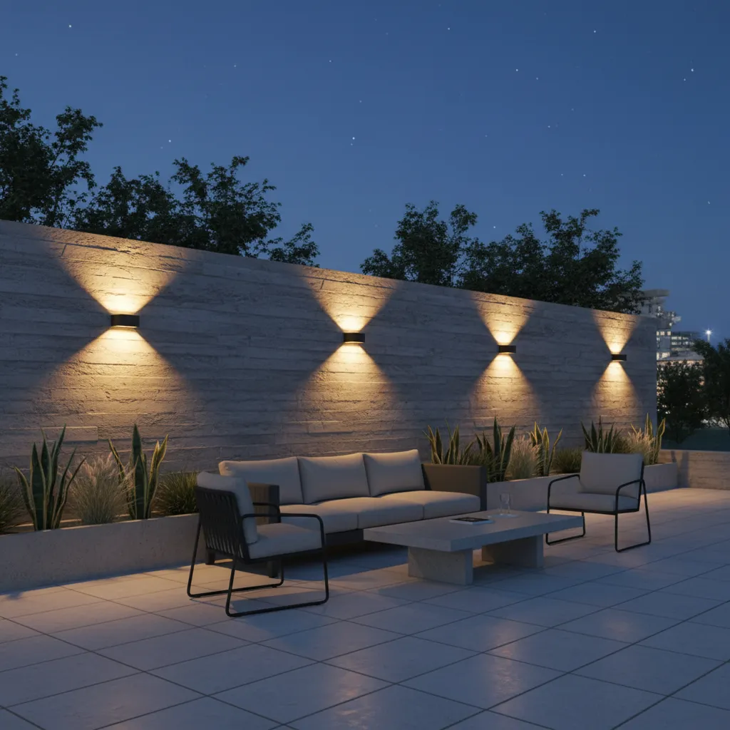 Modern solar wall sconces illuminating a small patio wall