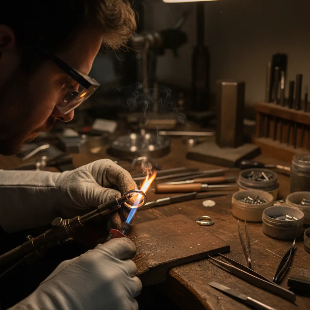 Proceso de soldadura de una pieza de plata en un banco de joyero