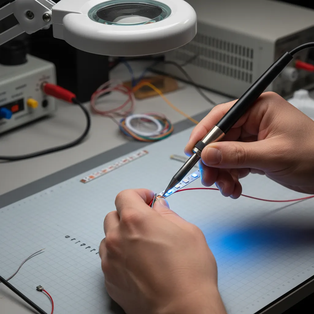 person soldering wires to LED strip copper pads