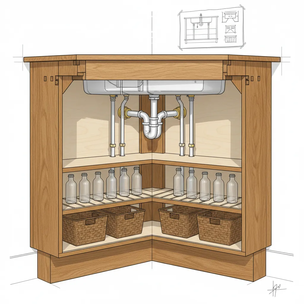 Solid wood corner sink cabinet construction with plumbing access