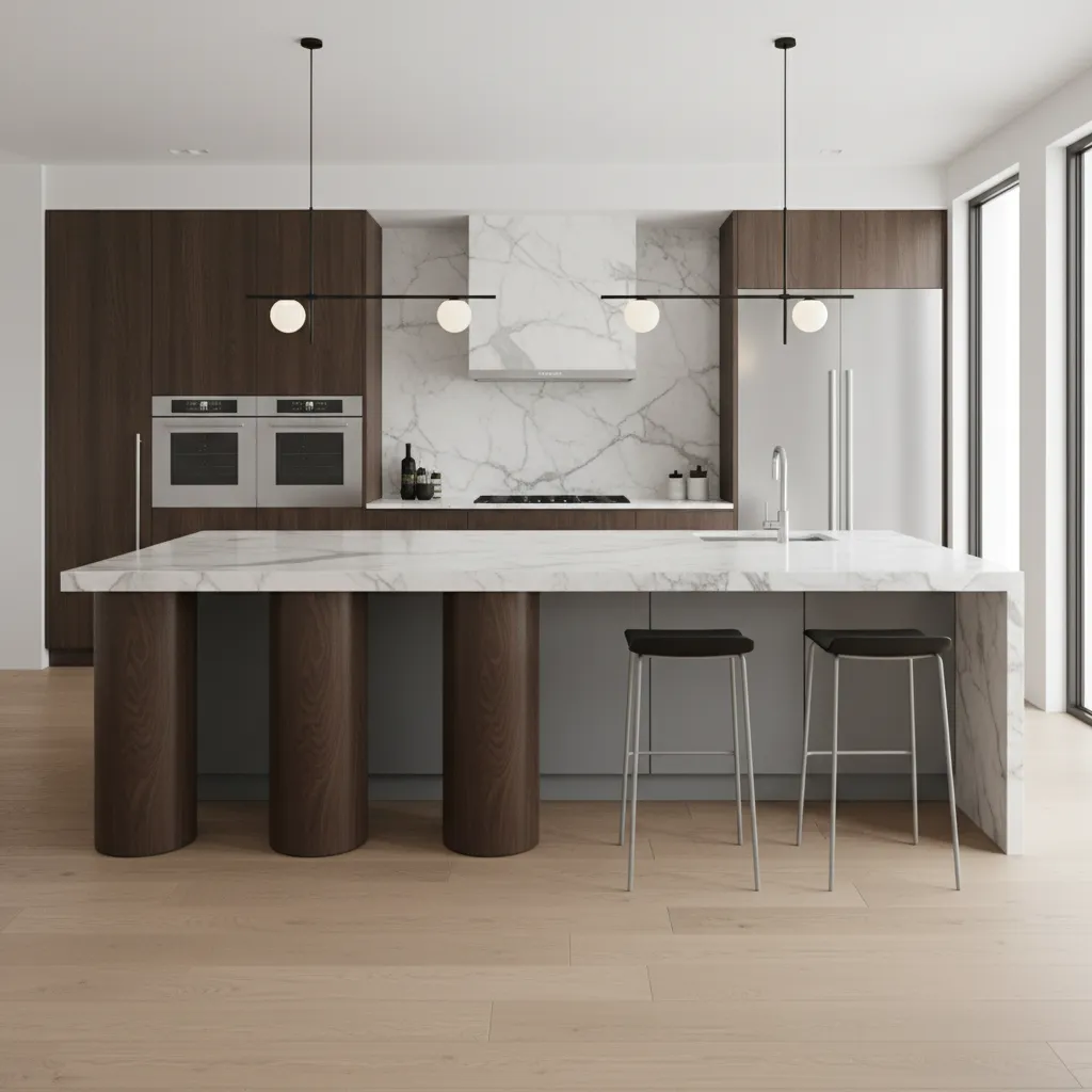 Solid hardwood kitchen island columns providing strong countertop support