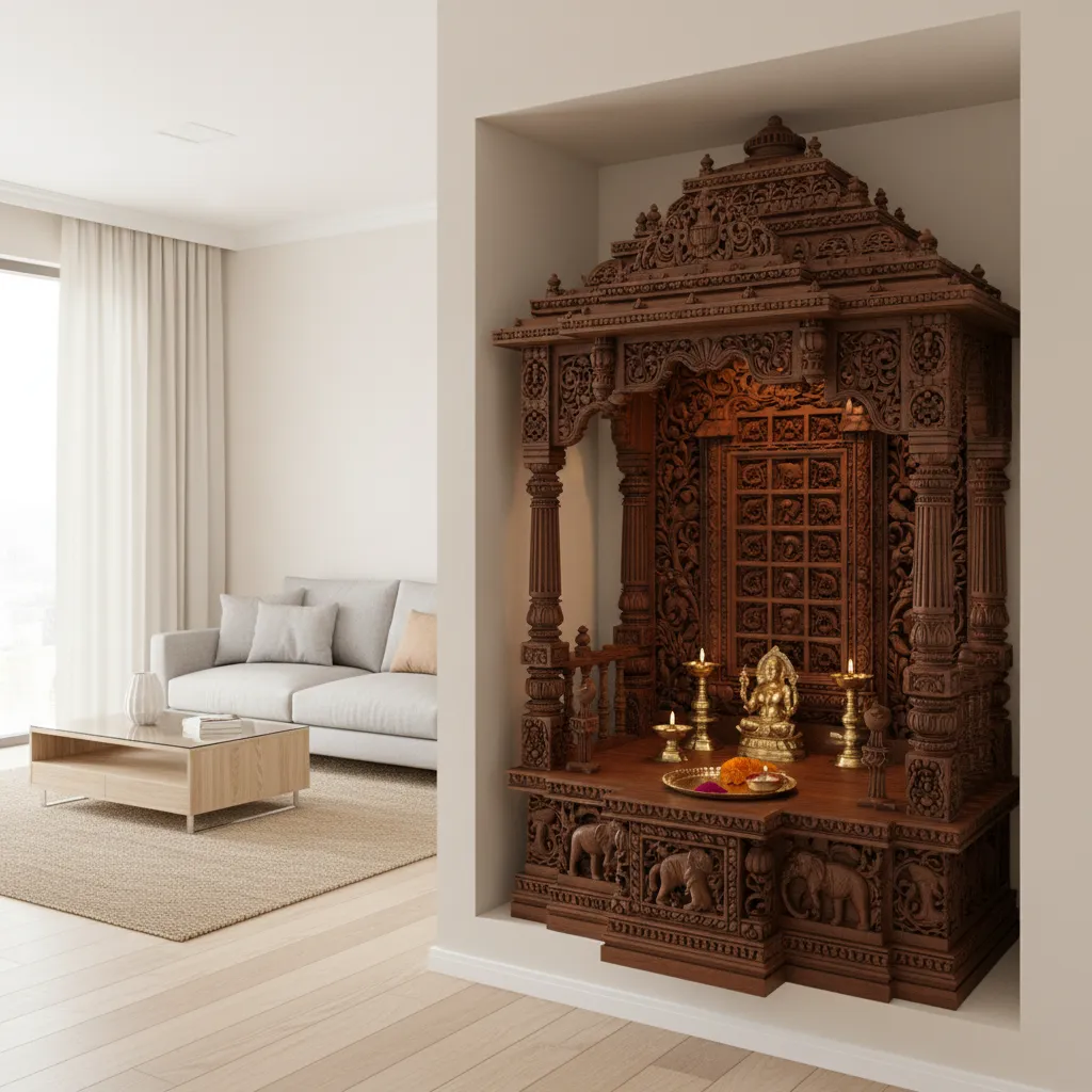 Traditional carved solid wood pooja mandir placed in a modern US home interior