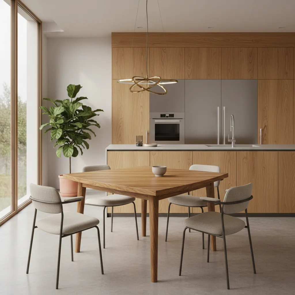 Solid oak triangular dining table in a warm kitchen interior