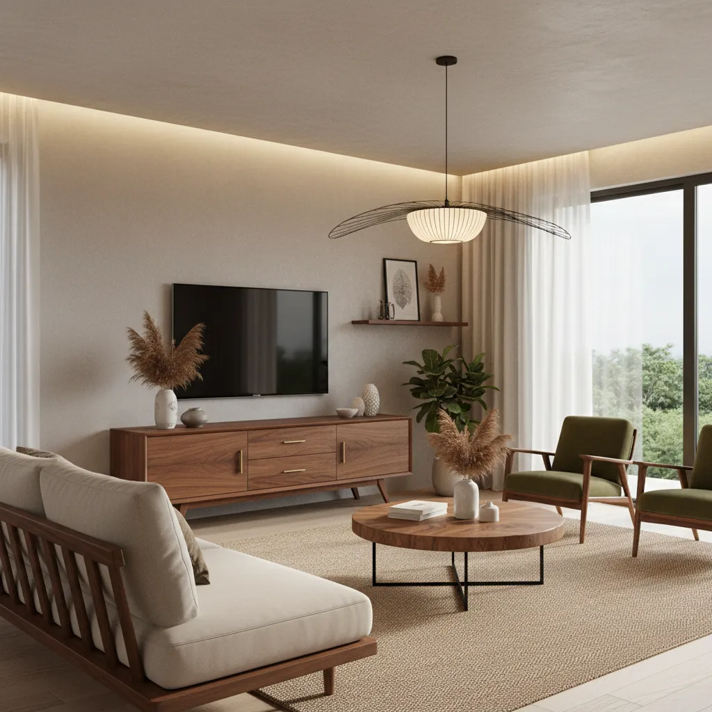 Solid wood TV cabinet in modern living room interior