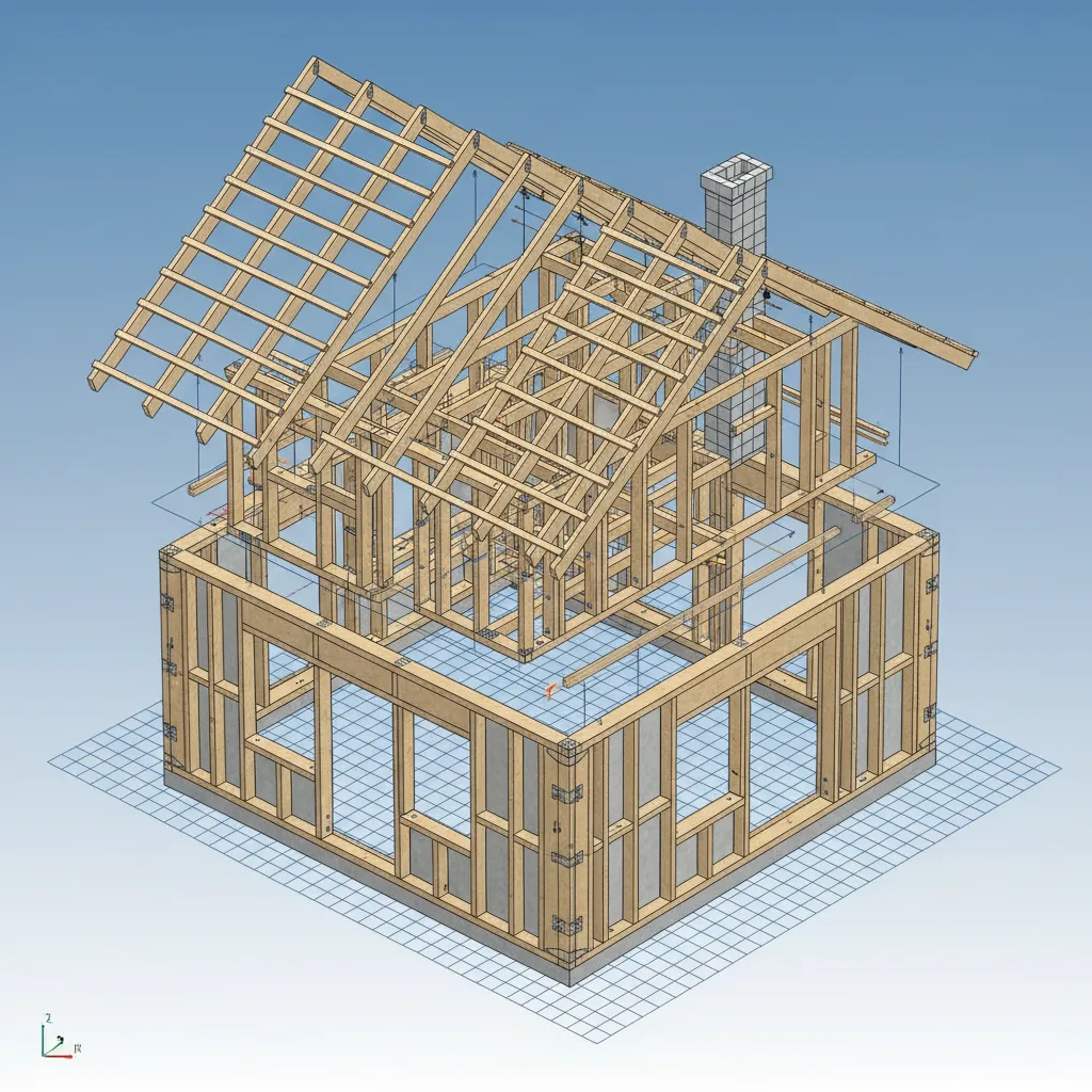 Ensamblaje estructural de una casa en software CAD