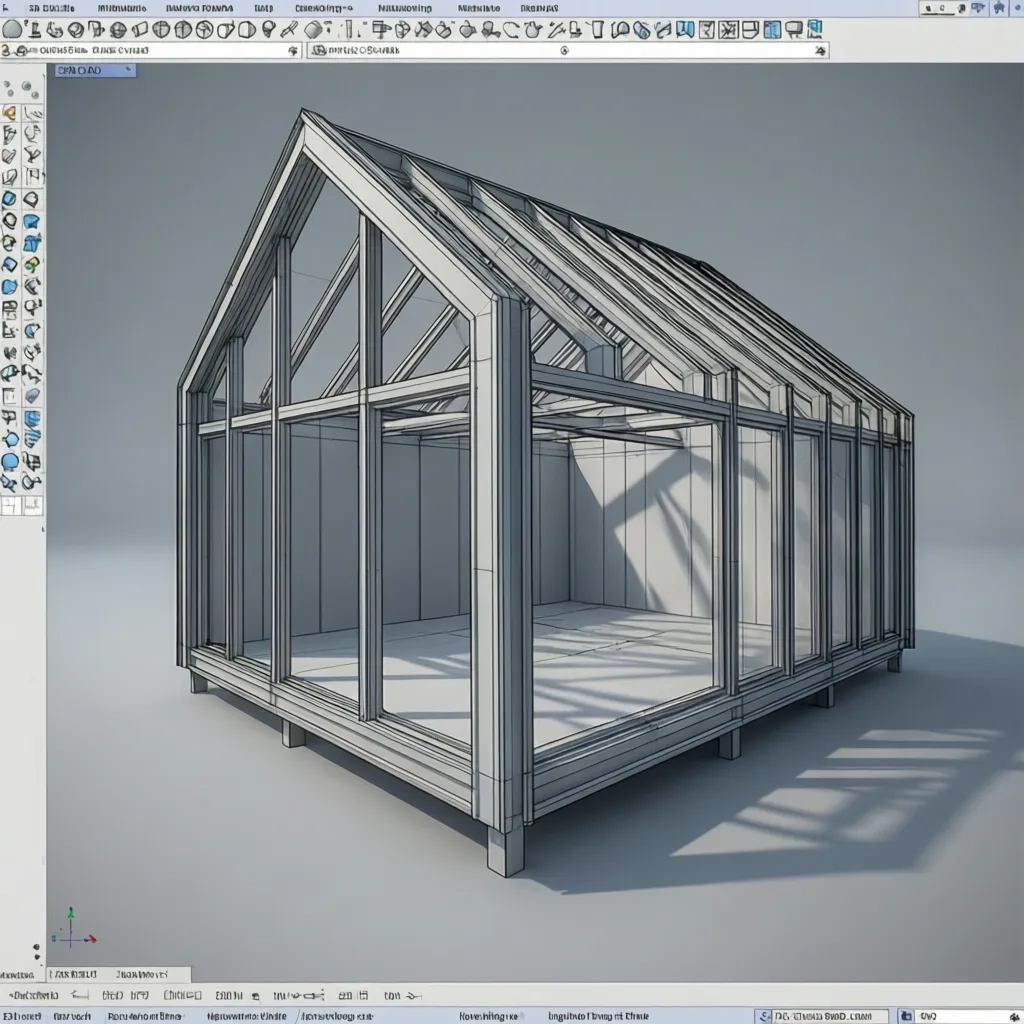 Modelo 3D de una casa con muros y estructura básica en CAD