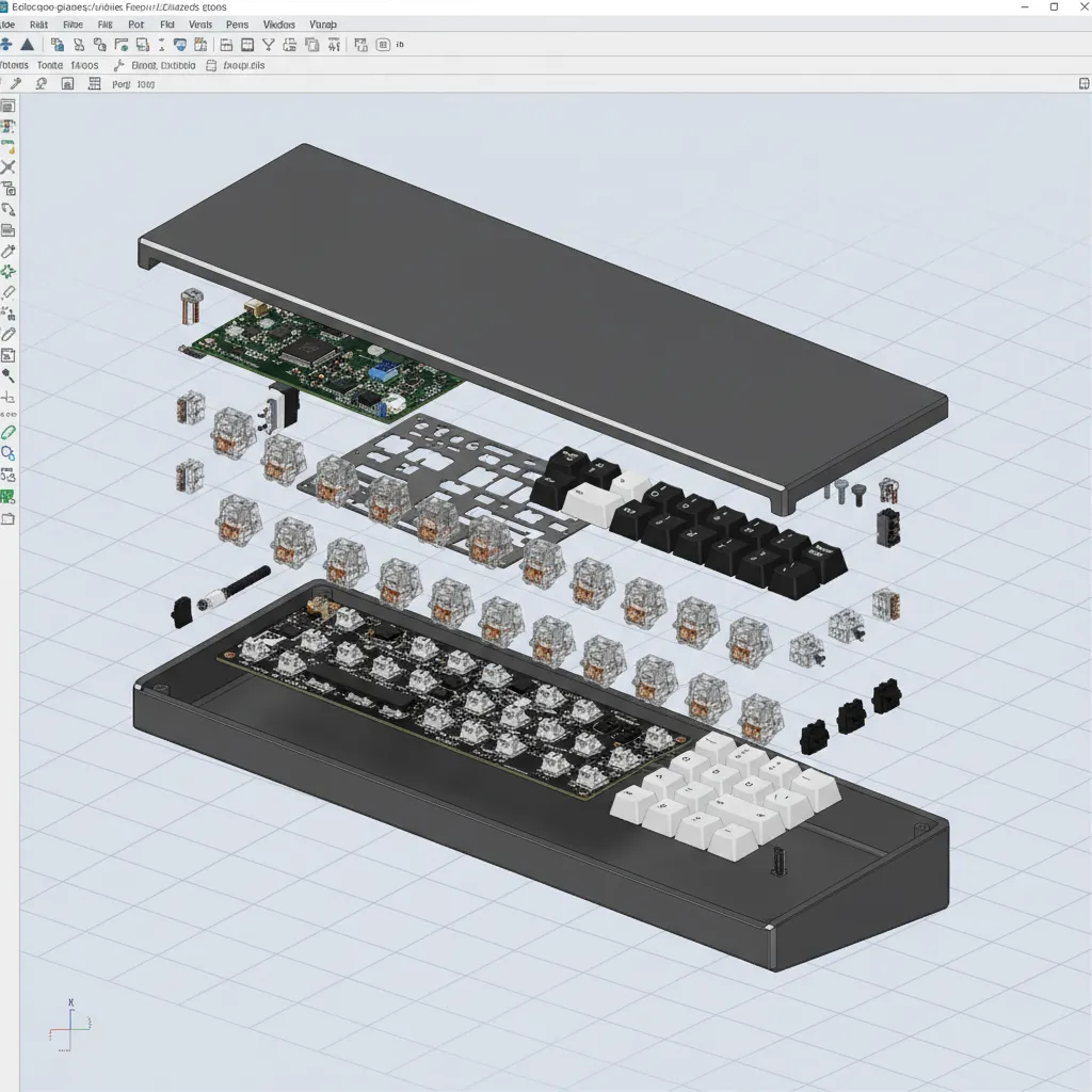 engineering CAD model of a mechanical keyboard case assembly