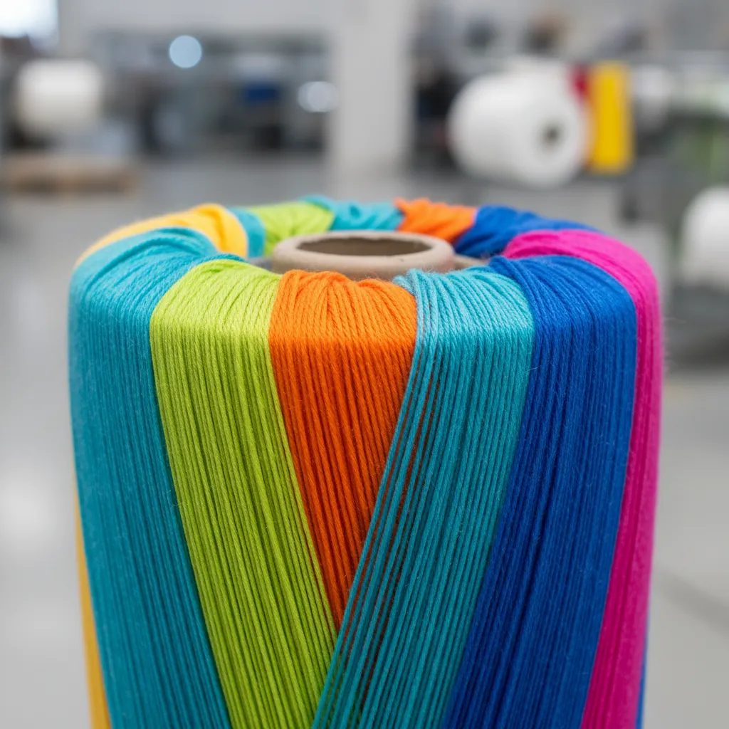 Close-up of colored synthetic fibers used in outdoor fabric manufacturing