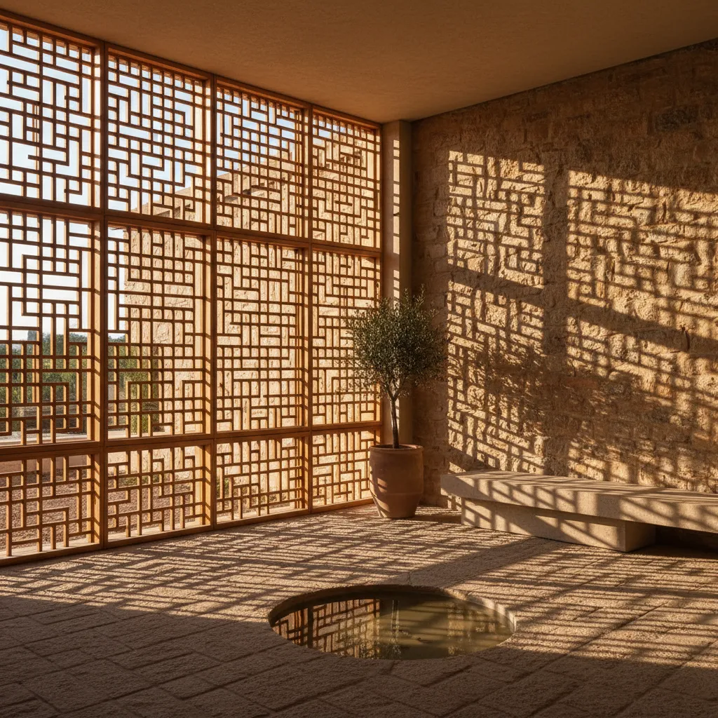 Sombras proyectadas por celosía de madera en un patio interior