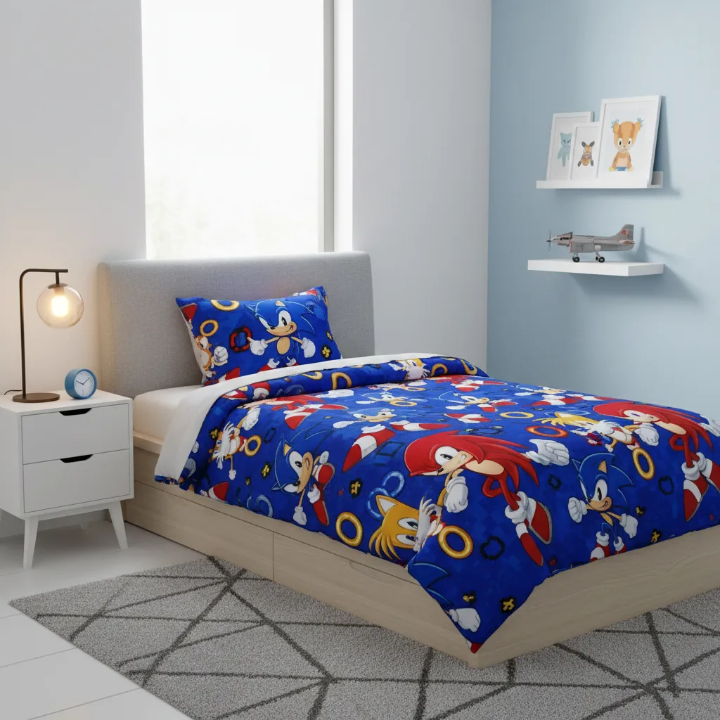 Sonic themed bedding comforter set on kids bed