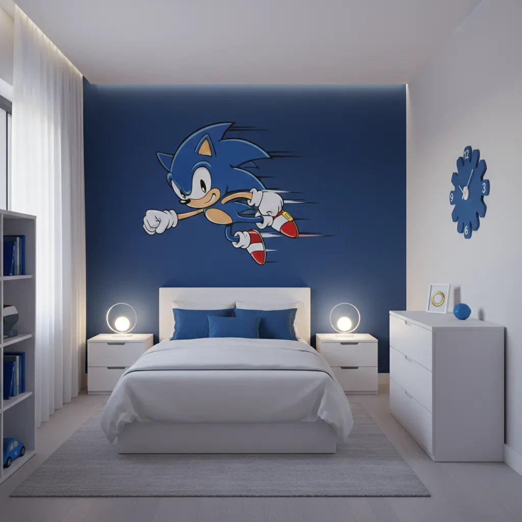 Sonic themed accent wall with blue palette in a small bedroom