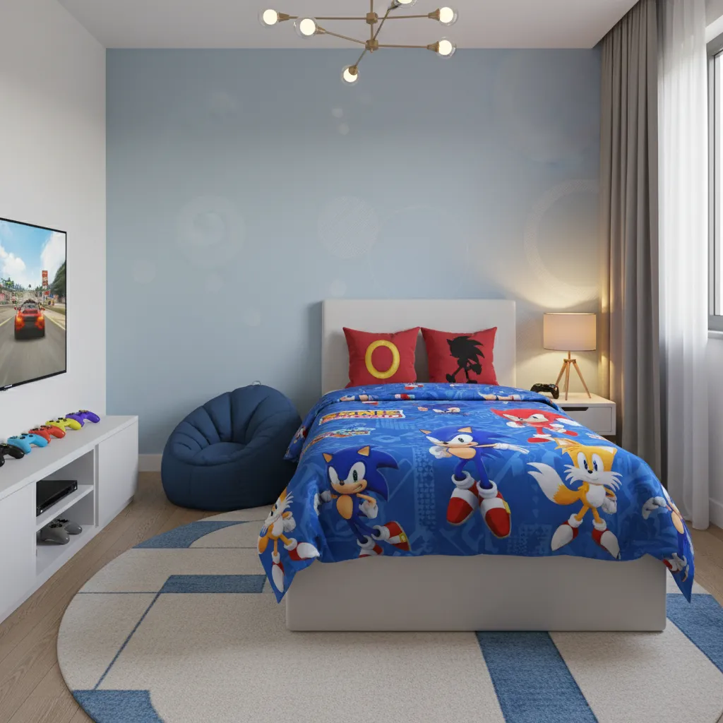 Sonic themed bedding with blue comforter red pillows and gaming inspired accessories
