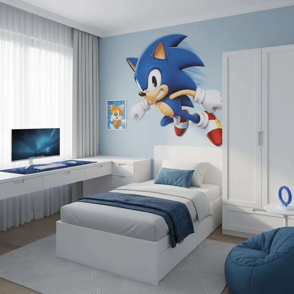 sonic bedroom with one main character mural and minimal secondary decor
