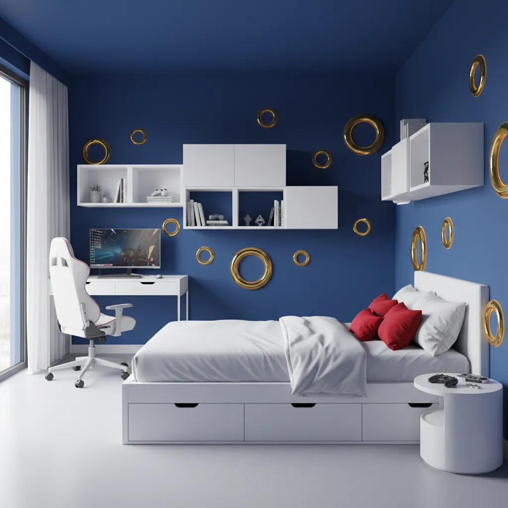 sonic themed bedroom using balanced blue white and red accent palette
