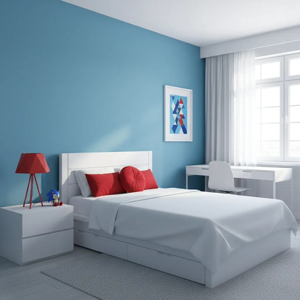 Sonic inspired bedroom color palette with blue walls white furniture and red accents