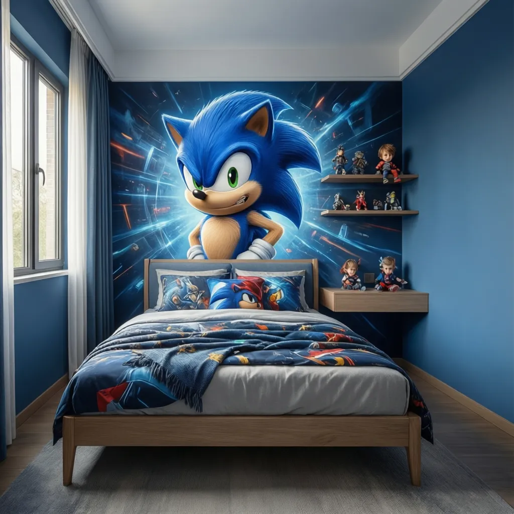 Kids bedroom with large Sonic wall mural behind the bed and minimal decorations
