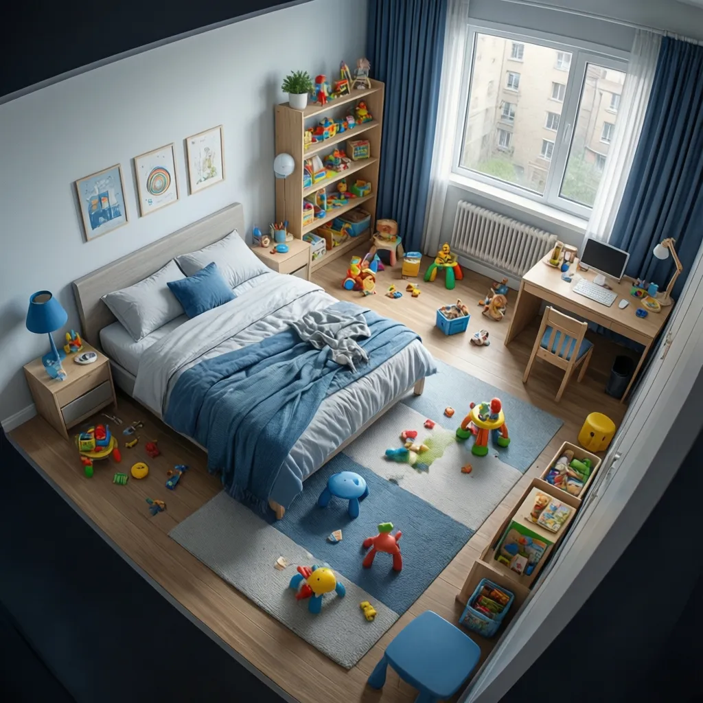 Planning layout for a Sonic themed kids bedroom with bed, play zone and storage areas