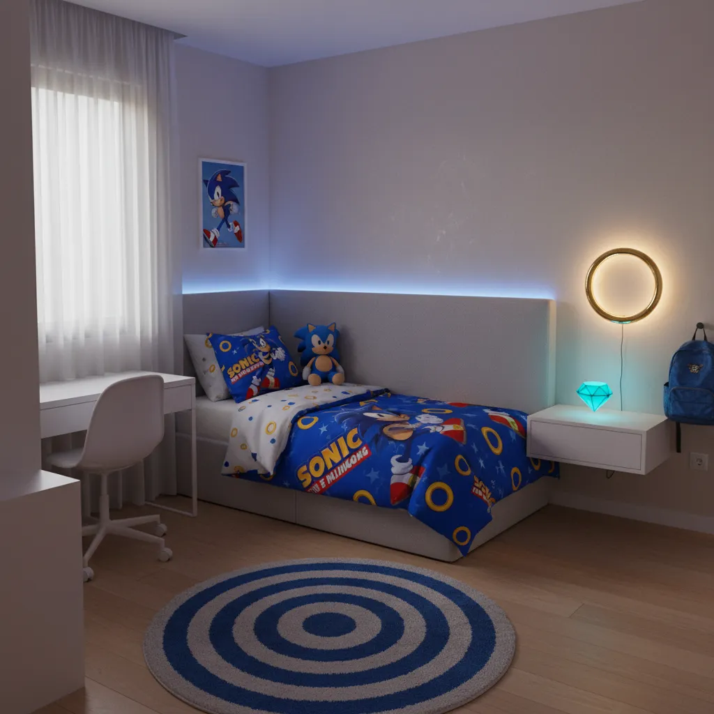 Small Sonic themed bedroom with blue LED lighting behind headboard