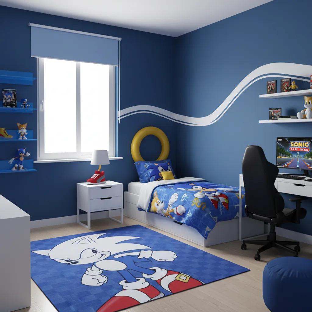 Kids bedroom styled with Sonic theme bedding blue walls and gaming decor