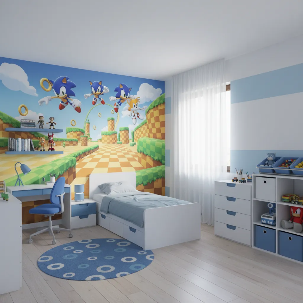 sonic bedroom with large wall mural above bed and minimal surrounding decor