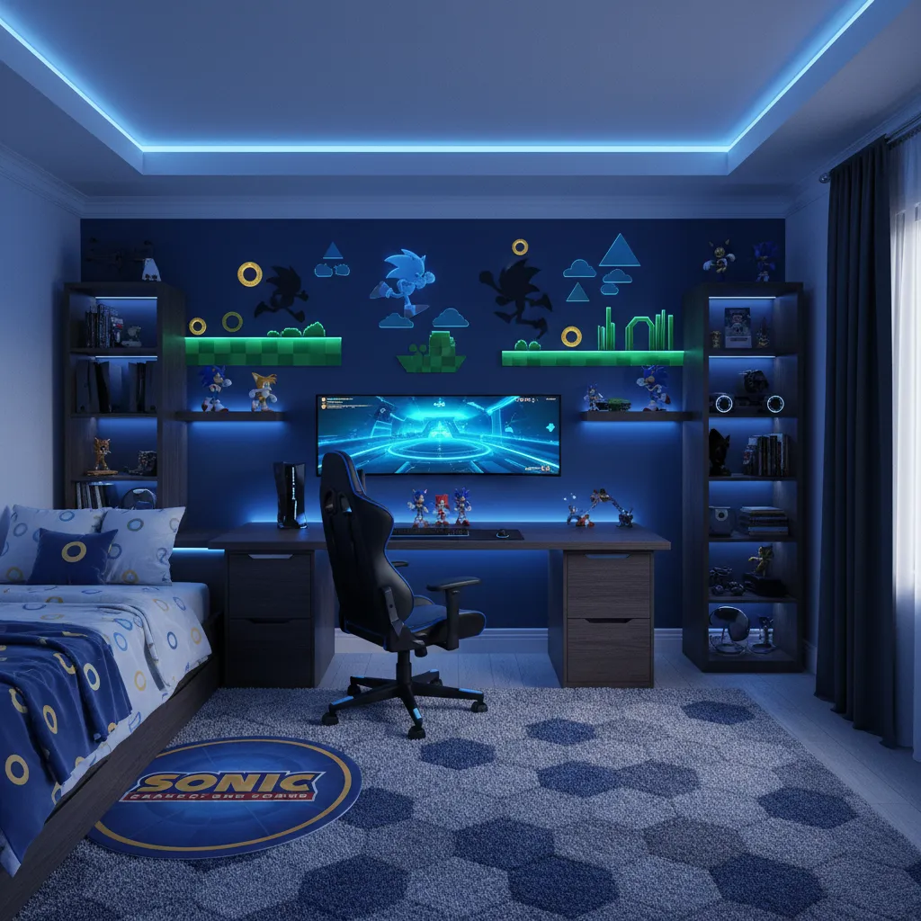gaming inspired Sonic bedroom with LED lighting and gaming desk