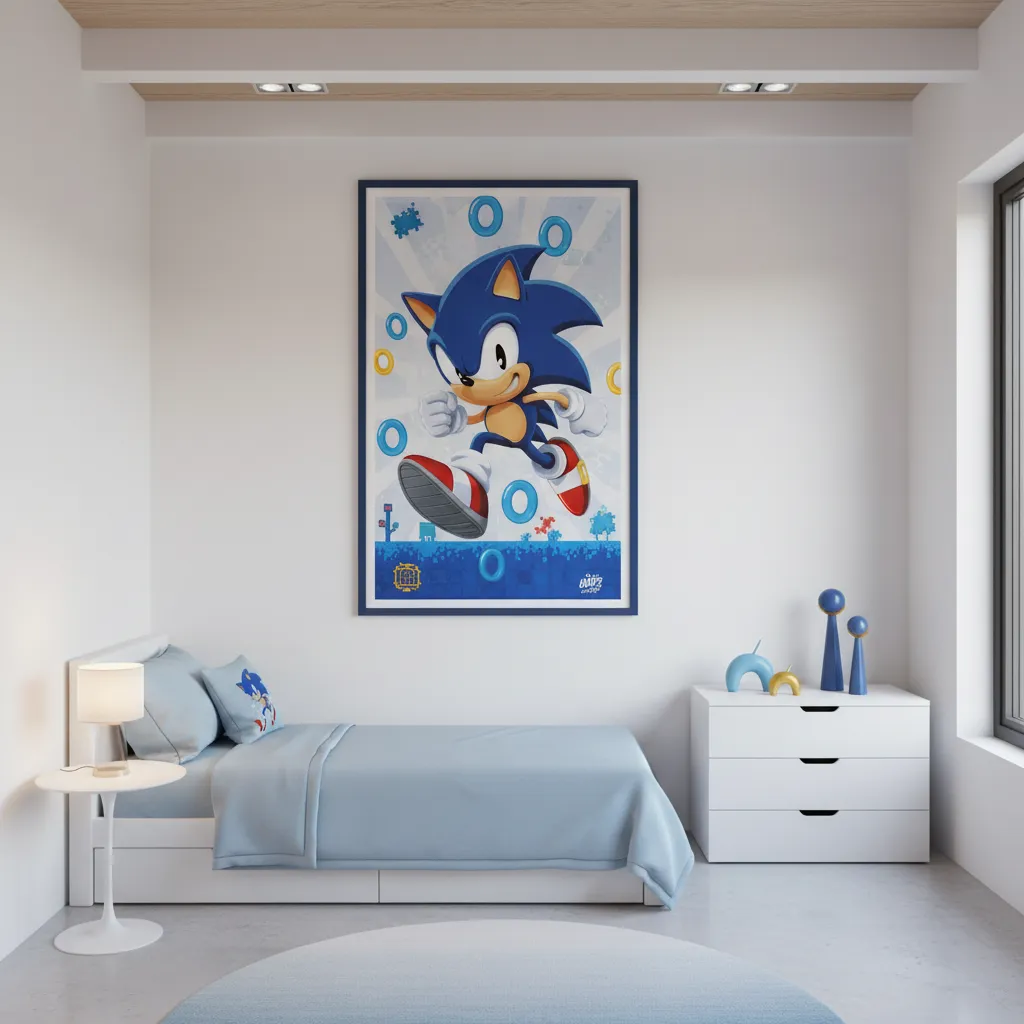 Large Sonic wall poster above bed in kids bedroom