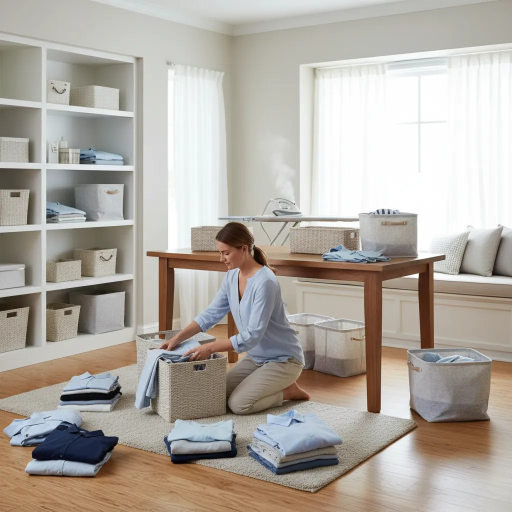 Person sorting laundry into baskets before visiting laundromat