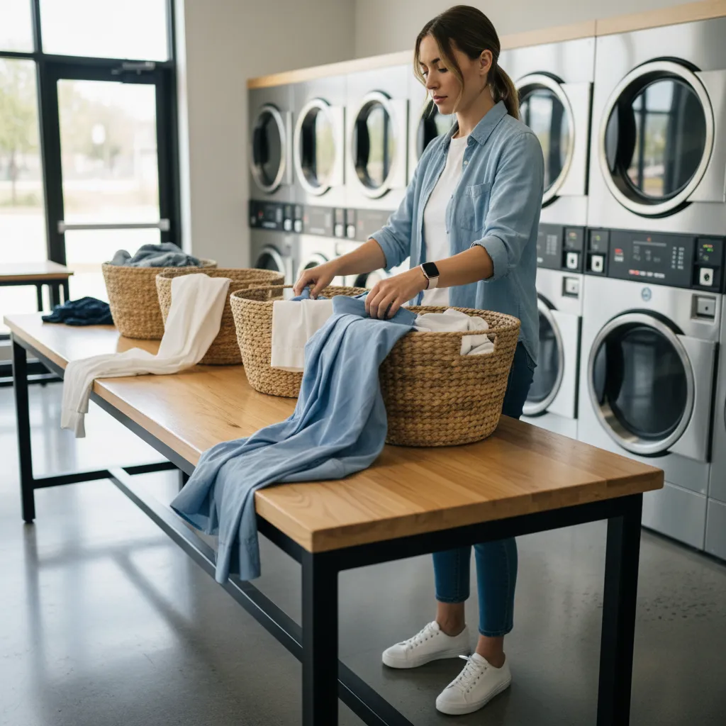 Person sorting laundry in a communal laundromat using separate baskets