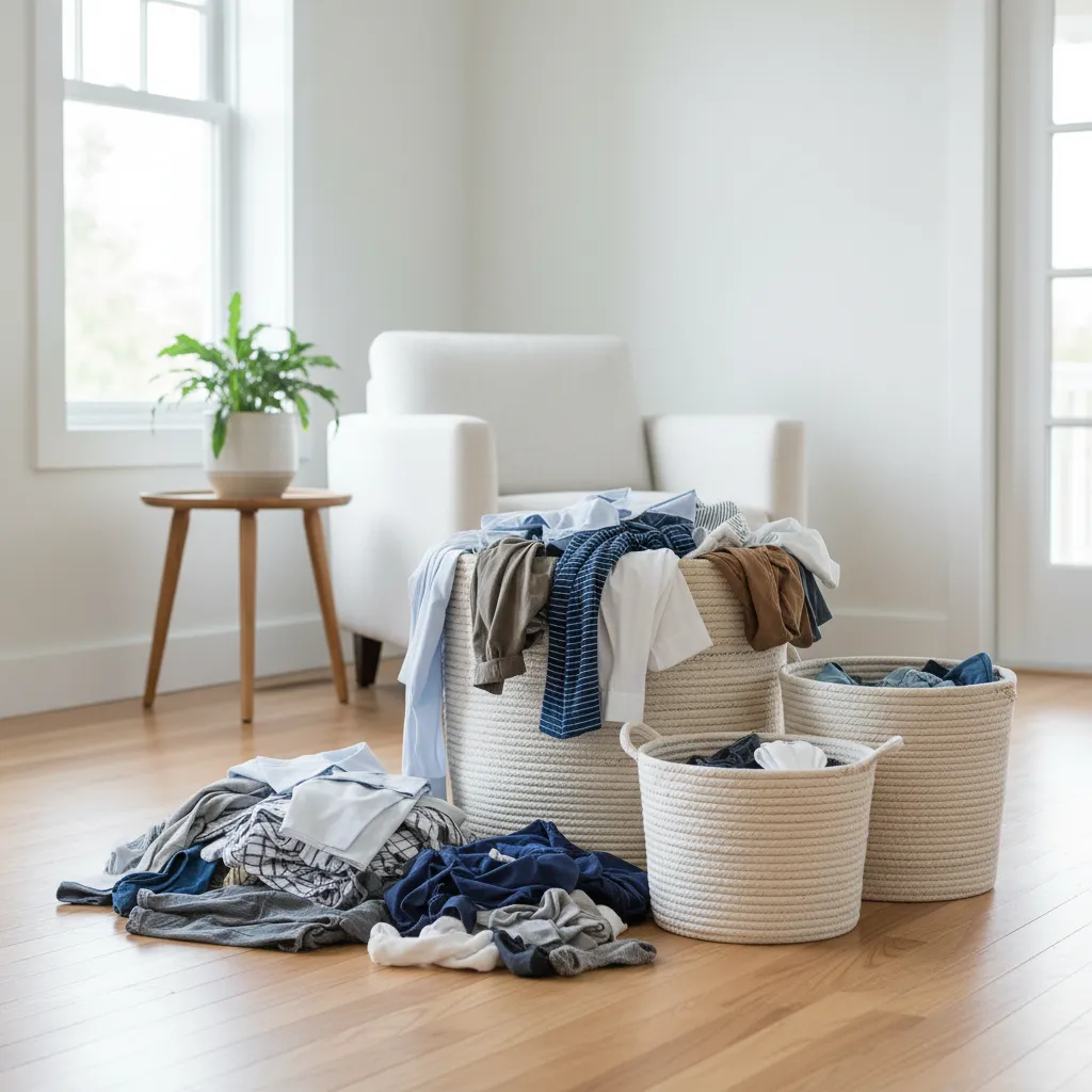 Person sorting laundry on floor near baskets illustrating how bedbugs spread during handling