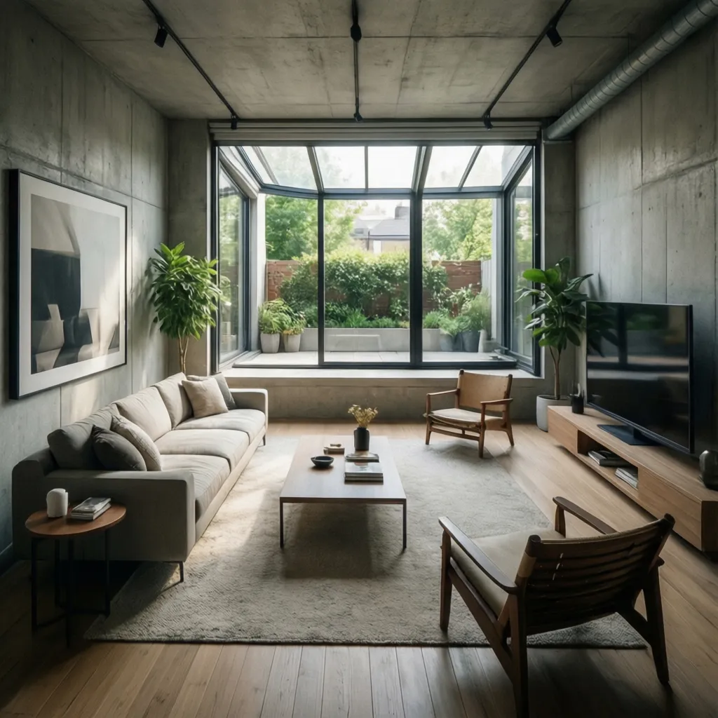 Sótano moderno con patio inglés que permite la entrada de luz natural