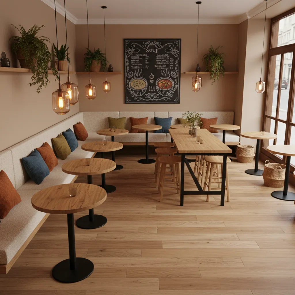 Restaurant seating layout with small tables and warm lighting