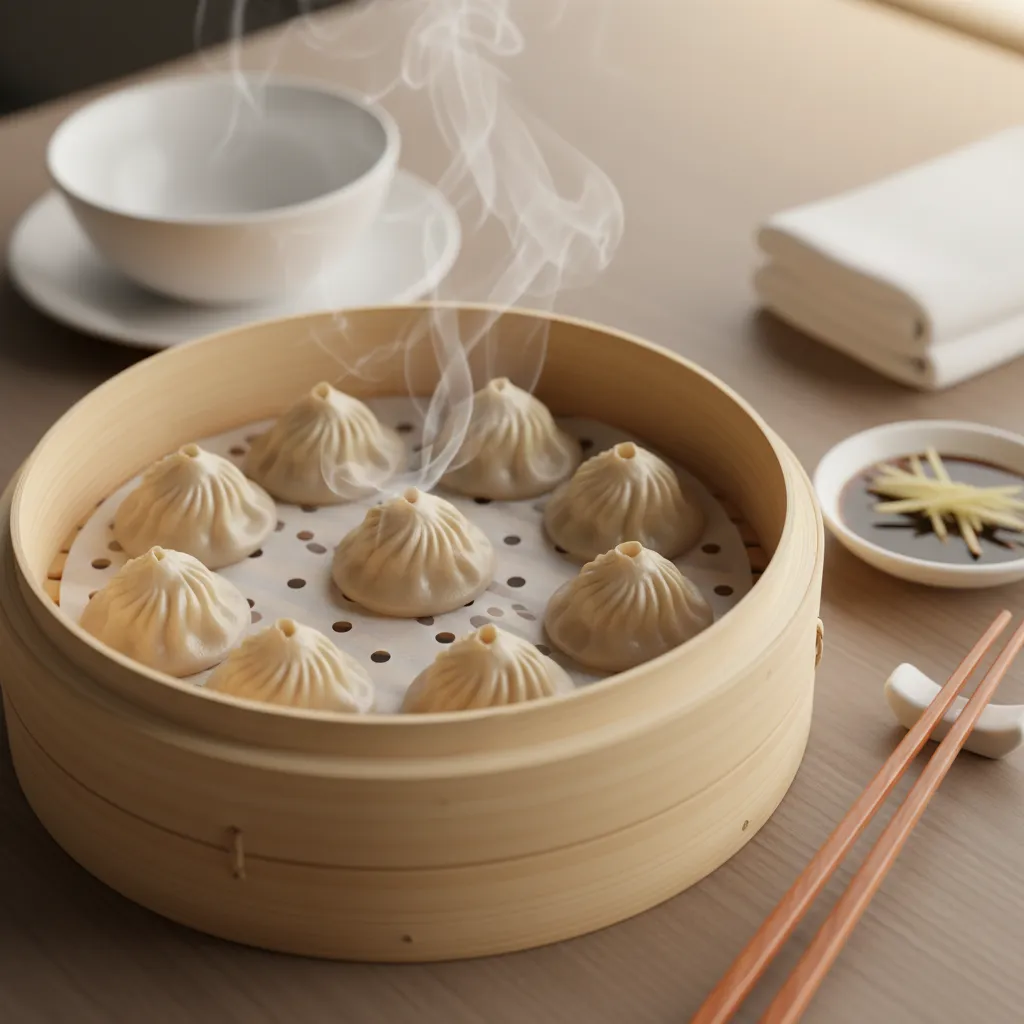 Traditional Chinese soup dumplings in bamboo steamer basket