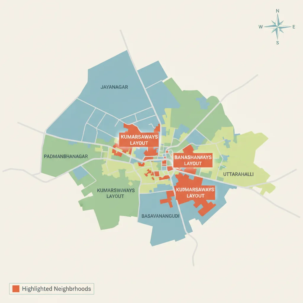 map concept showing Kumaraswamy Layout and nearby BBMP offices in South Bangalore