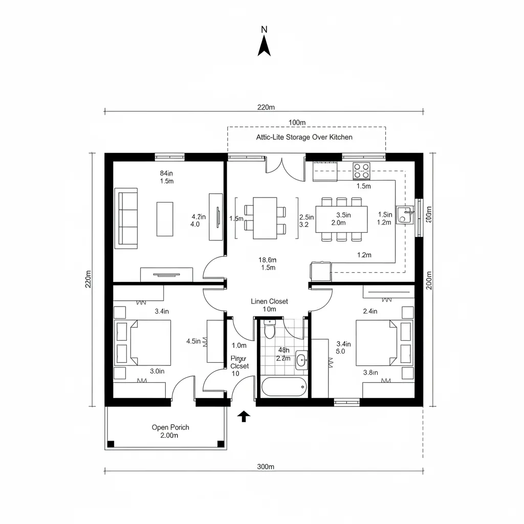 Top-down CAD plan showing south entry, open living/dining, kitchen spine, and split east-west bedrooms