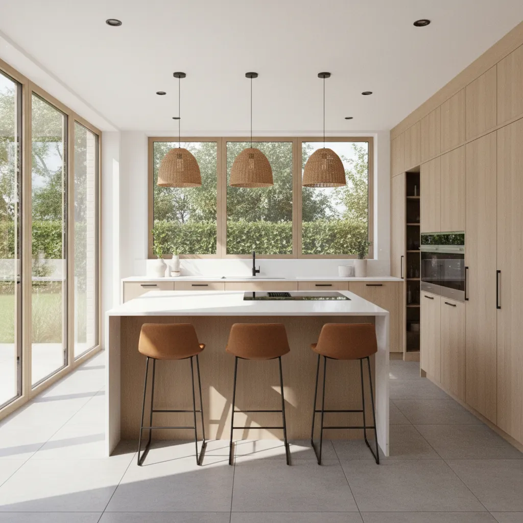 south facing kitchen interior with strong daylight through large windows