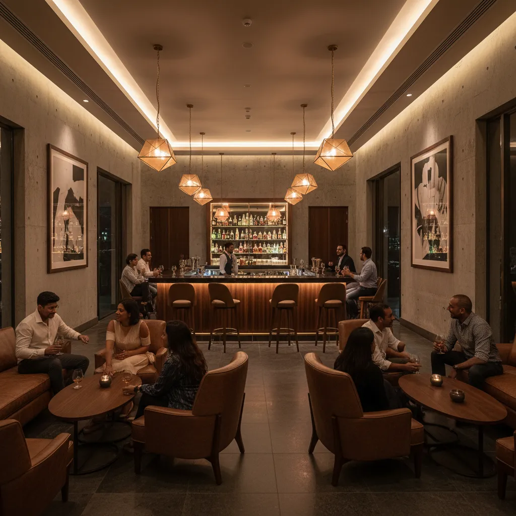 People socializing in a Chennai bar with brandy glasses