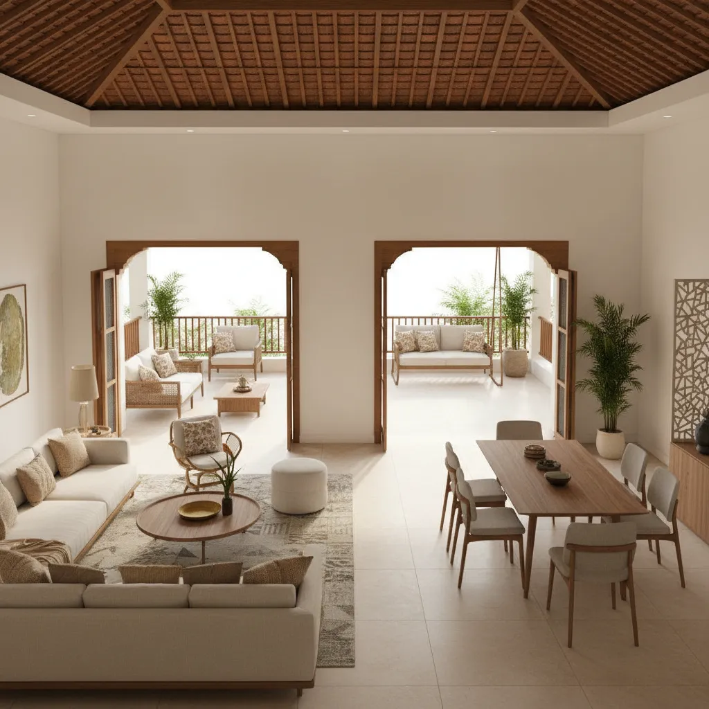 South Indian 1500 sq ft house layout with open living area and veranda